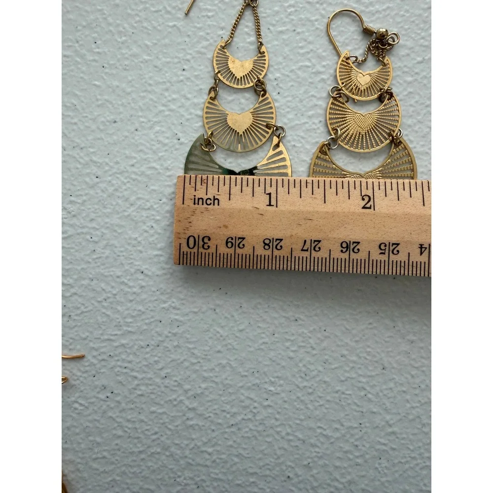 Boho Tiered Crescent Heart Drop Earrings Gold Tone Metal Sunburst Filigree